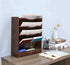 PAG 5-Tier Wall File Holder with 6 Hooks, Brown Wood Hanging Mail Organizer Magazine Literature Rack