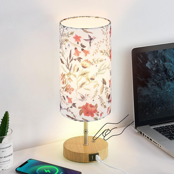 Bedside Touch Lamp, Wood Small Table lamp with 2 USB Charging Ports