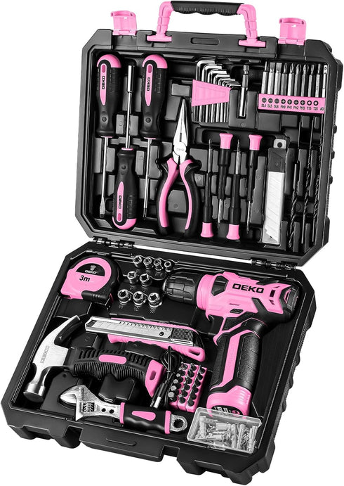 DEKOPRO Drill Set, Home Tool Set with 8V Pink Cordless Drill, Hand