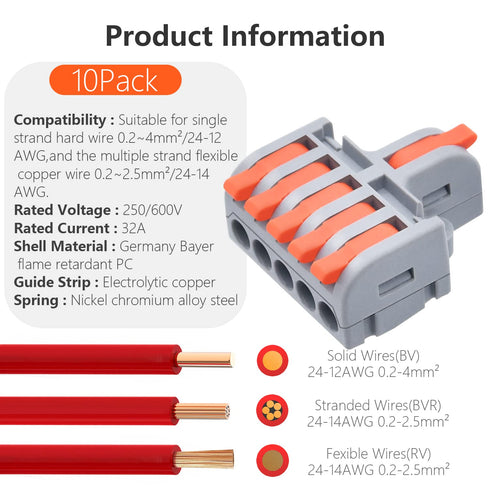 10Pcs Lever Wire Connectors, 1 in 5 Out DIY Mini Splicing Compact Quick Push-in Electrical Connectors