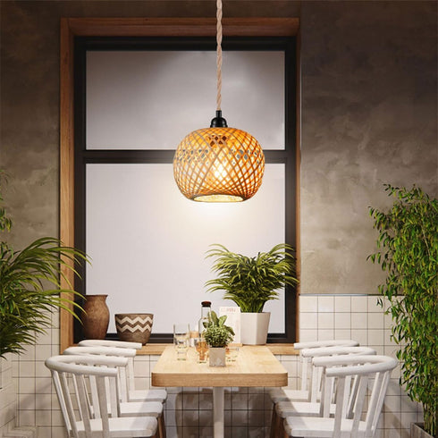 EcoGehen 15ft Boho Plug in Pendant Light Wicker Rattan Hanging Lights with Hemp Rope Cord MINI Bamboo Lampshade Wall
