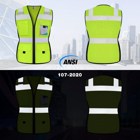 TCCFCCT Women Reflective Vest 11 Pockets High Visibility Mesh Safety Vest for Lady, Neon Construction Work Vest with Zipper, Snug-Fit, Durable with Reinforced Sewing, ANSI Compliant, Yellow S
