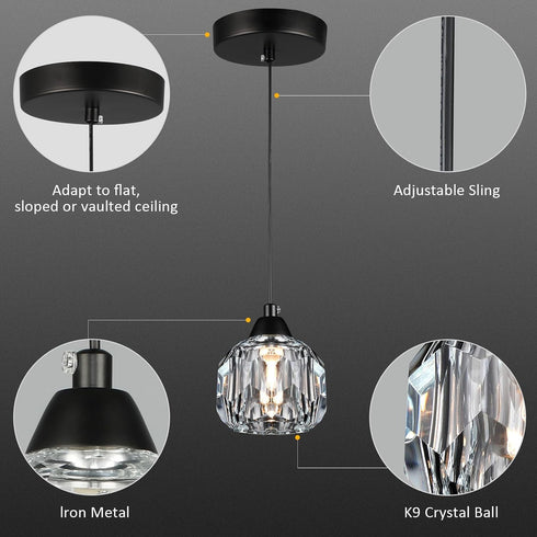 1-Light Weesalife Crystal Chandeliers for Dining Room Lights Fixture Over Table, Black Modern Pendant Light