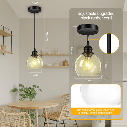71 Inch Fixture(E26 Bulb) Pendant Lights Kitchen Island, Black Pendant Light with Glass Lampshade, Adjustable Hanging