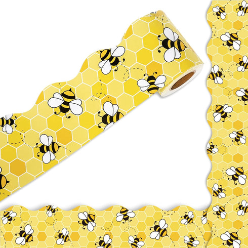 Whaline 32.8Ft Summer Bee Bulletin Board Border, Yellow Bee Honeycomb Die Cut Trim for Party Supplies