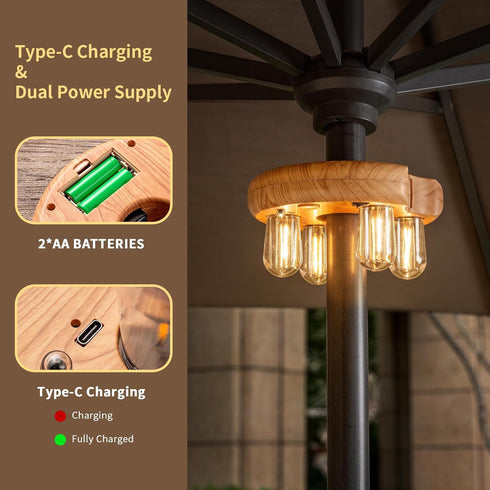 Bulbs 10 (1 Pack) Wood Grain Patio Umbrella Light with Remote Control, Rechargeable Cordless LED Edison Pole Light