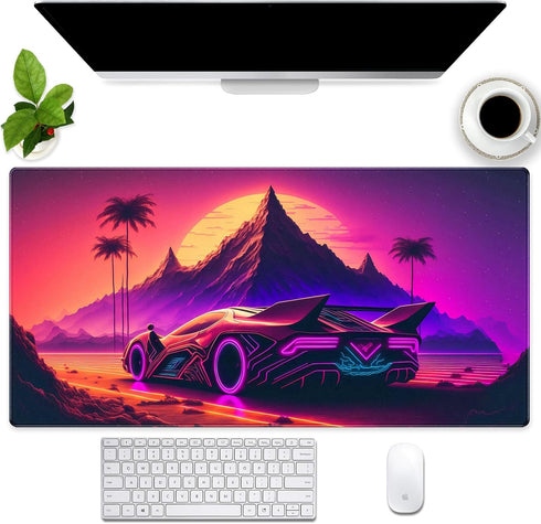 Pink Purple Neon Sunset Desk Mat Mousepad, Cool Futuristic Car Extended Large Gaming Mouse Pad, 31.5 x 15.7 inch