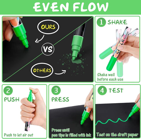 Liquid Erasable Chalk Markers Pens - 12 Colors, Washable & Wet Erase Neon Markers for Blackboard, Glass Window, Kids Art