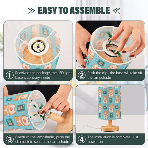 EFEWOI Table Lamp Corgi Heart Game Console Bedside Nightstand Lamps Fabric Shade Desk Lamp with Wood Base for Bedroom