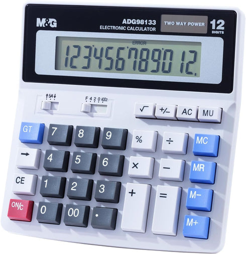 M&G Desk Calculator, 12 Digit Extra Large LCD Display, Dual Solar Power and Battery, Big Button Accounting Calculator