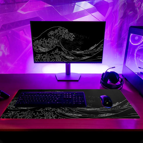 Large Japanese Sea Wave Mouse Pad, Extended Kanagawa Anime Black Gaming Mat, 31.5 x 11.8 Inch, 3mm Thick Non-Slip