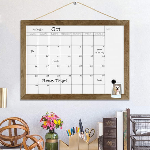 TORASO Dry Erase Monthly Calendar Board, Solid Pine Wood Rustic Brown Frame Magnetic Whiteboard for Wall