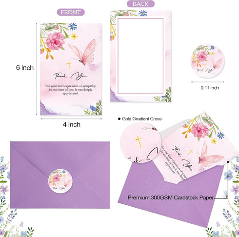 Hunanyume 24 Pack 4x6 Inch Unique Funeral Thank You Cards with Envelopes & Stickers - Watercolor Floral Butterflies