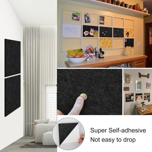 Felt Corkboards for Wall, 6 Pack 12 x 12-1/3" Black Self-Adhesive Cork Board Tiles with 100 Push Pins