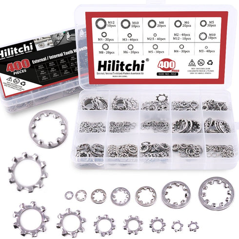 Hilitchi 400-Pcs Assortment Kit of 304 Stainless Steel External Internal Tooth Star Lock Washers - M2 M3 M4 M5 M6 M8