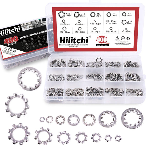 Hilitchi 400-Pcs Assortment Kit of 304 Stainless Steel External Internal Tooth Star Lock Washers - M2 M3 M4 M5 M6 M8