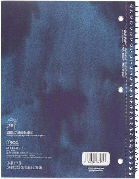 Mead Spiral Notebook, 1 Subject, 70 Sheets, College Ruled Paper, 10-1/2" x 7-1/2", Shape It Up, 1 Notebook (07152)