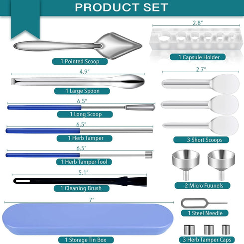 16 Pcs Versatile Easy Capsule Filling Tool Kit for Gel Capsules Empty - Pill Filling Tools with Micro Funnel, Capsule Holder, Herb Tamper and Lab Scoops - Gel Capsules Size #000 00 0 1 2 3 4 5