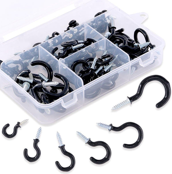 Swpeet 100Pcs Black Cup Hook Kit, Vinyl Coated Ceiling Screw Holder for Home