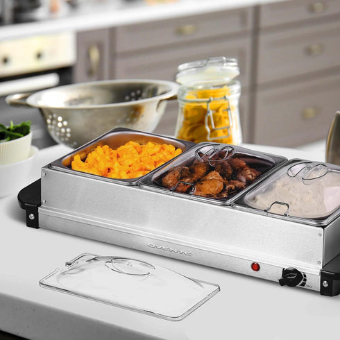 OVENTE Electric Buffet Server and Food Warmer, Three 1.5 Quart Chafing Dish Set with Stainless Steel Tray