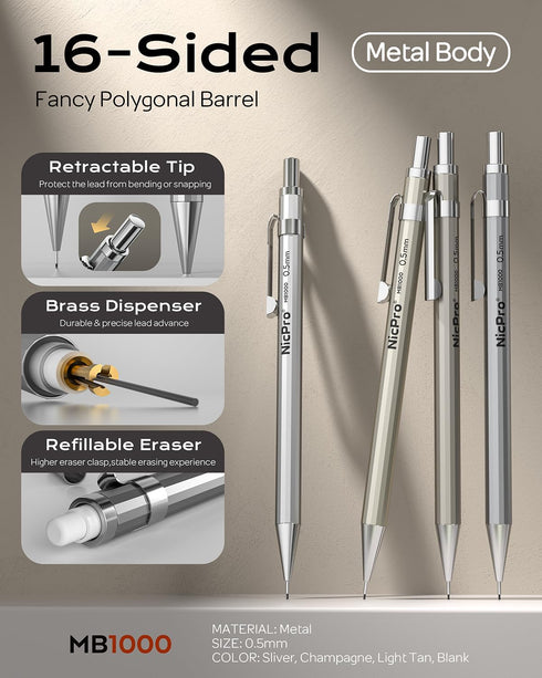 Nicpro 4 Pack 0.5mm Mechanical Pencil Set with Case, Metal Mechanical Pencil Drafting Pencil Lead 0.5mm for Artist Writing, Sketching, Drawing, 8 Tube HB #2 Refill, 3 PCS 4B Eraser, 9 Eraser Refill by Nicpro