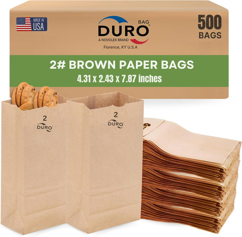 Duro 2# Brown Paper Lunch Bags 500 Count, Bulk Disposable Brown Paper