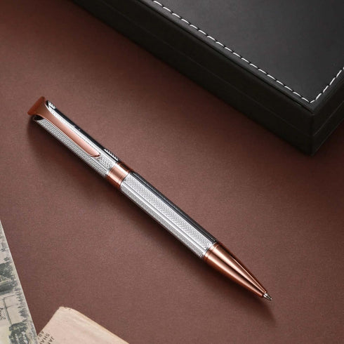 Ballpoint Pen with Gift Box, Retractable 1.0mm Black Ink Pen for Men Women, Refillable, B5 (Rose Gold+Silver)
