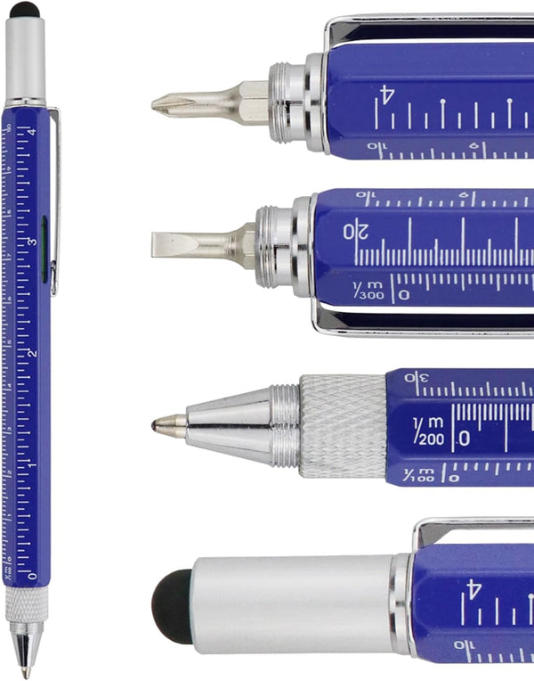HeTaoCat Metal Multi-tool - 6-in-1 Stylus Pen with Screwdriver, Ruler, Bubble Level, and Ballpoint Pen (Blue)