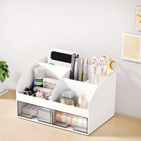 Desk Organizer with 6 Compartments and 2 Drawers, Plastic Makeup Organizer, Pen Holder for School, Home, Office