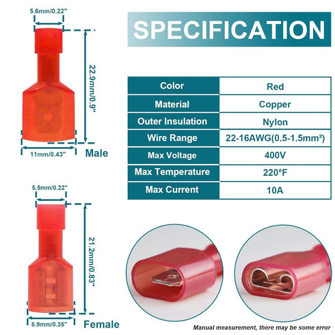 120PCS Spade Connectors Female and Male, 22-16 AWG Quick Disconnect Nylon Insulated Terminals for Electrical Connection