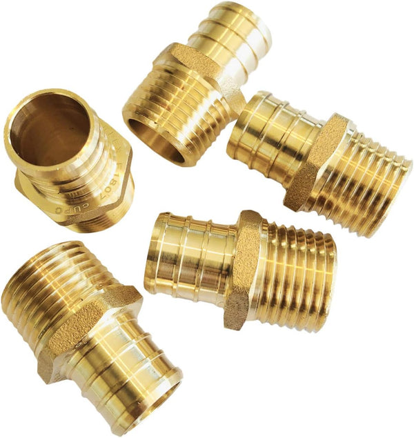 EFIELD Pex Barb Crimp Brass Fittings (Pack of 5) 3/4 Inch x 1/2 Inch Male NPT Adapter, ASTM F1807