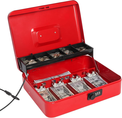 Jssmst Large Locking Cash Box with Money Tray, Metal Money Box with Combination Lock, Cash Safe with Security Cable, Red