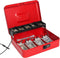 Jssmst Large Locking Cash Box with Money Tray, Metal Money Box with Combination Lock, Cash Safe with Security Cable, Red