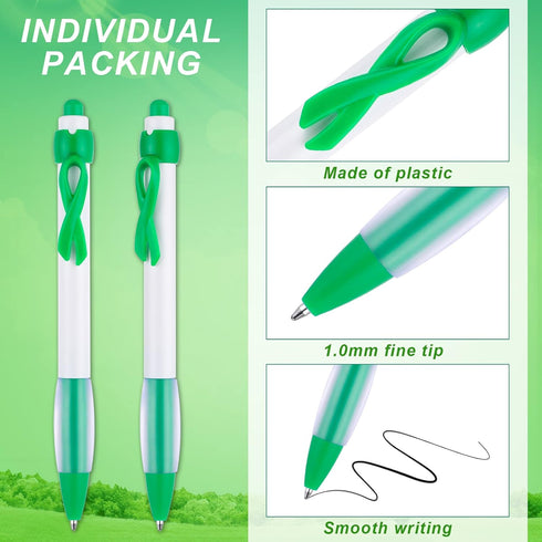 Mental Health Awareness Retractable Pen, Green Ribbon, Black Ink Ballpoint Pen Bulk for Charity Volunteers
