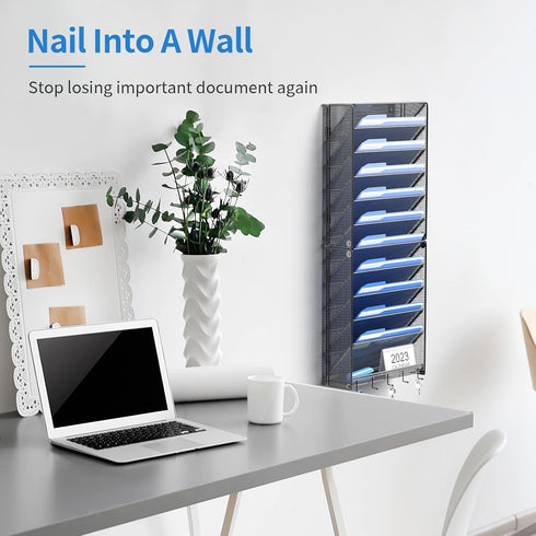 OUTWOLF Hanging Wall File Organizer, 12 Tier Vertical Mount Holder for Office Paper and Documents