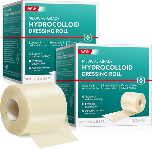 Tiuedu 2Pack Hydrocolloid Roll for Wound Care (2IN X11.8FT), Medical Grade Self-Adhesive Hydrocolloid