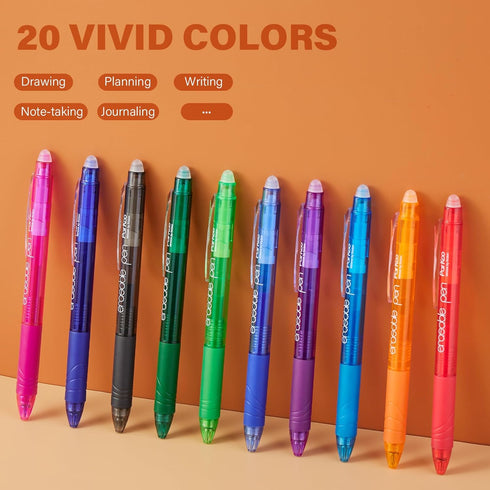 ParKoo 20 Colors Retractable Erasable Gel Pens, Fine Point 0.7 mm, Comfort Grip for Drawing, Writing, Planners