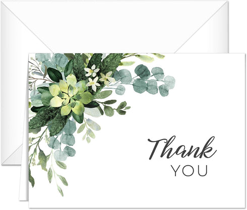 Lush Greenery Thank You Notes, 24 Cards with White Envelopes, 4 Green Floral Designs, 3 1/2" x 4 7/8"