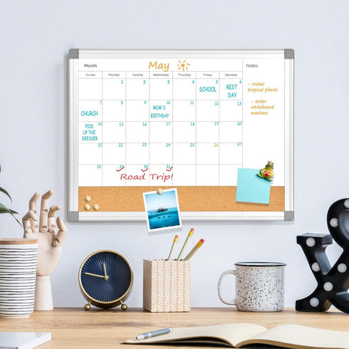 Upgraded Monthly Calendar Dry Erase White Board & Cork Bulletin Board, 13" x 17" Aluminum Frame, Magnetic Surface