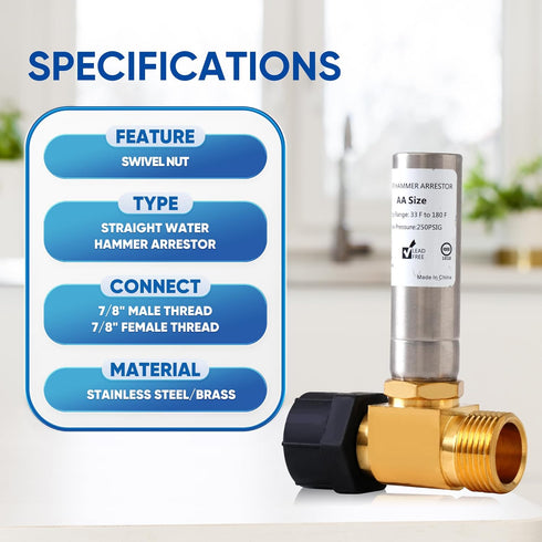 Stainless Steel Water Hammer Arrestor, 7/8 Inch Male and Female, Reduce Banging Noise in Pipes and Toilets