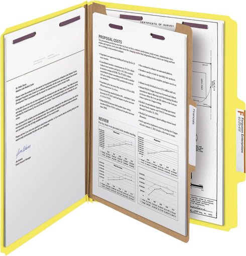 Smead Pressboard Classification File Folder - SafeSHIELD Fasteners, 1 Divider, 2" Expansion, Letter Size, Yellow