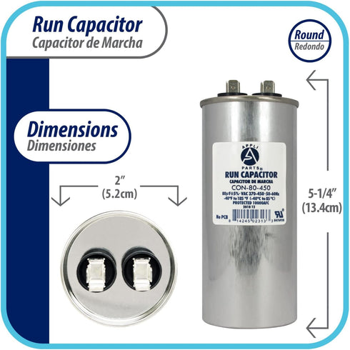 Appli Parts Run Capacitor for ac 80 Mfd uF (microfarads) 370 VAC or 450 VAC CBB65 Round Universal fit for hvac and other applications 5-1/4 in High 2 in Wide CON-80-450