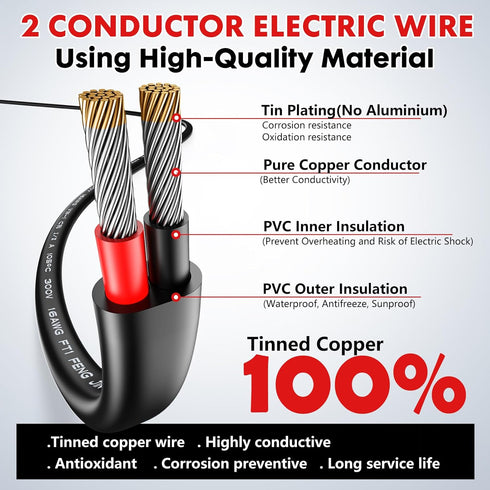 16 2 16 50FT, 12V 16/2 Lighting-15M Gauge Wire Conductor Electrical Wire, AWG Wire Stranded PVC Cord Low