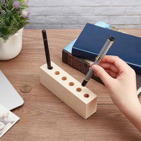 OLYCRAFT 6-Hole Wood Desktop Pen Holder, Rustic Wooden Pen Organizer for Office Desk, Fountain Pen Storage Display