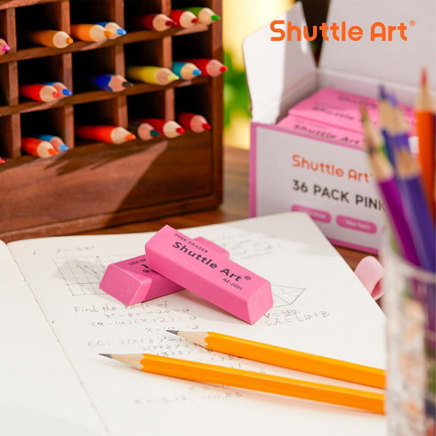 Shuttle Art Pink Erasers, 36 Pack Bulk, Latex-Free, No Smudge Soft Erasers for Kids, Teachers, Art Classes Supplies