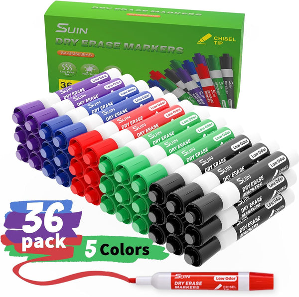 SUIN Dry-Erase Markers, Chisel Tip - Low Odor Whiteboard Markers, Assorted 5 Colors, 36 Count
