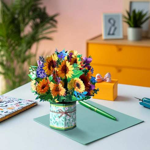Sunflower Pop Up Cards,Paper Flower Bouquet Greeting Cards with Blank Note Card & Envelope, ideal gift for celebrating