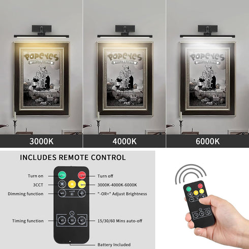 15.94in 3CCT Dimmable Battery Operated Picture Light with Remote and Timer, Wireless Gallery Lights for Picture Black