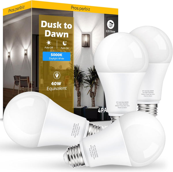 4 Pack Dusk to Dawn LED Outdoor Light Bulbs, 40W Equivalent, A19 Automatic On/Off Sensor, Daylight 5000K