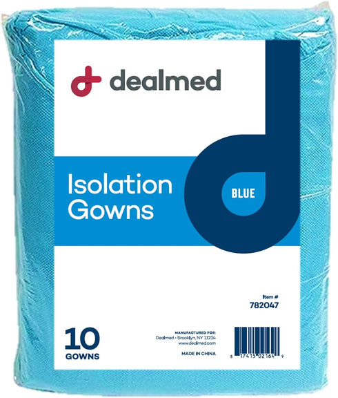 Dealmed Blue Isolation Gown – 10 Count of Disposable Medical Gowns, Blue Latex-Free, Perfect for Hospitals, Medical Facilities, and Physicians’ Offices (Pack of 10)